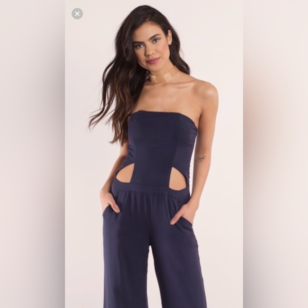 Tobi Navy Strapless Wide Leg Jumpsuit